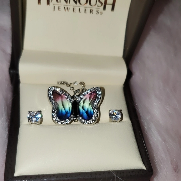 Crystal Sterling Silver Studs and Butterfly Neckla - Picture 3 of 11